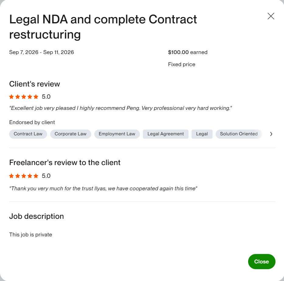 5-star client review — Legal NDA and complete Contract restructuring