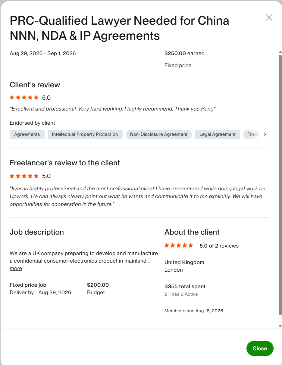 5-star client review — PRC-qualified lawyer for China NNN, NDA & IP agreements